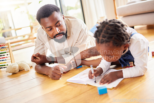 Image of African father, girl and floor for drawing, paper and learning together with help, love and care in home lounge. Black man, daughter and teaching with toys, notebook and helping hand in family house