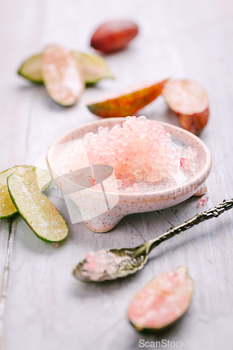 Image of Australian finger lime or caviar lime, edible fruits used in gourmet cuisine. Citrus australasica