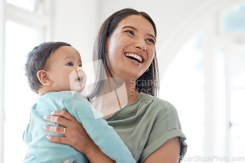 Image of Mother, baby and laughing in home for love, care and thinking of happy future together in support, growth and childcare. Mom, infant and daydream with newborn girl, kid and happiness of parenting