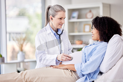 Image of Pregnant woman, doctor and stethoscope in hospital service, healthcare and clinic advice, exam or heart test. Medical, gynecologist or people for gynecology, pregnancy health and listening to stomach