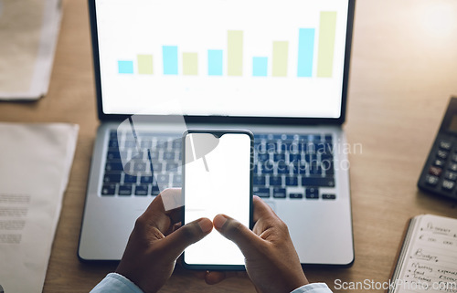 Image of Phone mockup, business person and data analysis on laptop screen, financial research and increase or growth in graphs. Charts, stats and financial people hands on mobile app, ux ui space and computer