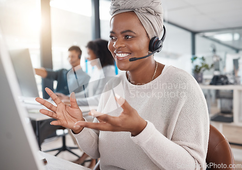 Image of Telemarketing, woman and crm at call centre with communication is happy with headset for online consultant. Customer service, agent and talking at office with a computer with employee at a help desk.