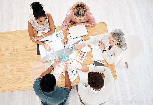Image of Top view, staff and group with documents, brainstorming and planning with a report, creative agency or discussion. Team, coworkers or men with women, cooperation or paperwork with ideas or creativity