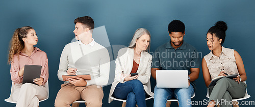 Image of Laptop, phone and business people waiting for job interview, vacancy and career opportunity in office. Technology, diversity and men and women candidates for hr meeting, recruitment and employment