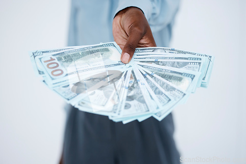 Image of Hand, cash and businessman with notes of money from lottery, investment or financial achievement at work. Hands, business opportunity and invest euro for bonus or future savings profit in dollars