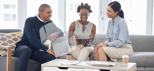 Image of Business, brainstorming and group on sofa with a tablet, idea or strategy for corporate team in accounting. People, brainstorm and working together at work in finance, audit or fintech collaboration