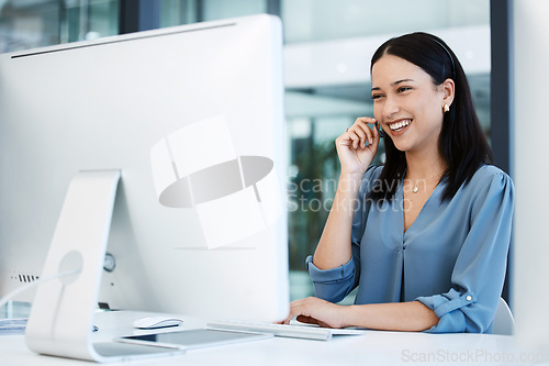 Image of Happy woman, call center and laughing in consulting, customer service, support or funny discussion at office. Friendly female person, consultant or agent laugh with smile for fun joke in contact us