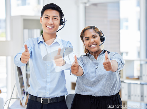 Image of Call center, portrait and people with thumbs up for team success, support or customer service excellence. Telemarketing, group smile and like hand emoji for diversity, goals and thank you for sales.