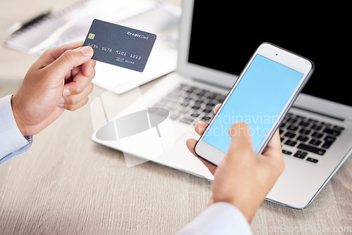 Image of Business, credit card and green screen phone in hands for payment in office for online shopping website. Professional person on smartphone for ecommerce safety, app promotion or banking information