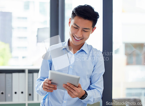 Image of Tablet, reading and happy business man, accountant or professional employee in office, online management and app. Digital report, financial review and happy asian person in workplace on technology