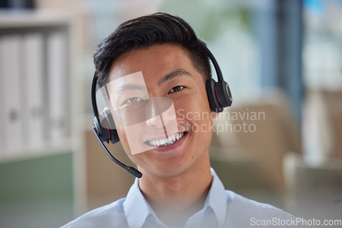 Image of Call center, happy and portrait of business man in office for consulting, contact us or telemarketing. Secretary, customer service or help desk with face of Asian employee for receptionist and advice