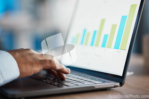 Image of Hands, seo and typing on laptop graphs, working on project and internet infographics. Computer, marketing professional and business person with data, analytics and charts for advertising analysis.