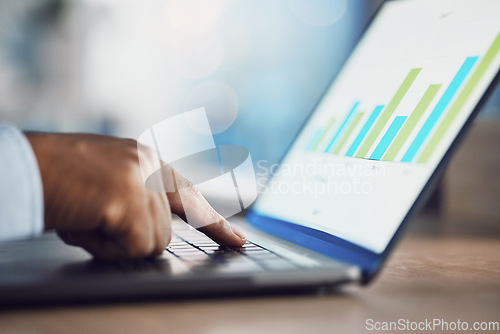 Image of Hands, seo and typing on laptop for data, working on project and infographics. Computer, marketing professional and business person with graphs, analytics and charts for advertising analysis closeup.