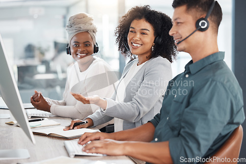 Image of Call center, computer and consultant colleagues working together in an office for assistance. Contact us, crm or customer service with a telemarketing team at work using the internet to help clients