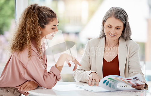 Image of Business meeting, woman and clients for color choice, graphic design advice or brand development. Creative agency, happy senior manager or people consulting, talking and branding process or documents