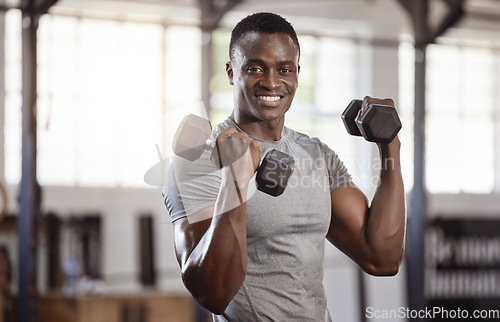 Image of Exercise, dumbbells and portrait of a black man at gym for fitness, training workout and strong muscle. African athlete or bodybuilder person with weights for bicep power and performance at a club