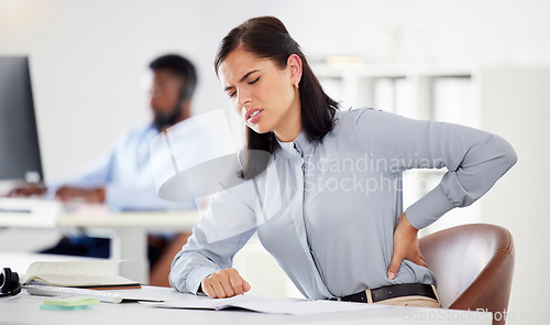 Image of Business, back pain and woman with burnout, health issue and muscle strain with professional, overworked and stress. Female person, employee and consultant with tension, inflammation and spine injury