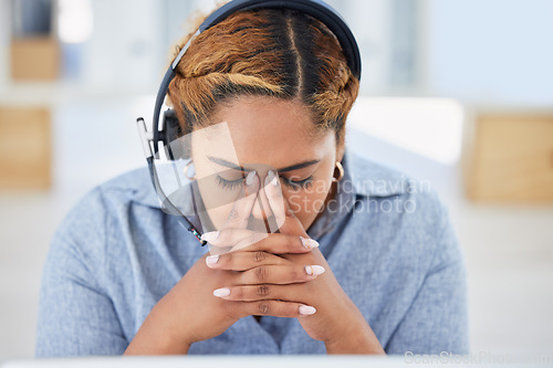 Image of Business woman, telemarketing and headache with eye strain from computer 404 and consulting fail. Call center, contact us and female worker feeling tired from work deadline and consultation problem