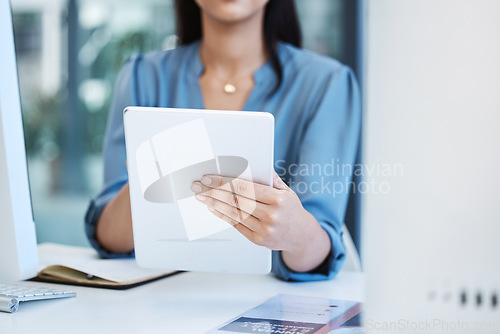 Image of Business person, hand and tablet closeup for communication, social media or internet in office. Entrepreneur woman with tech for network research app, internet connection and planning or analytics