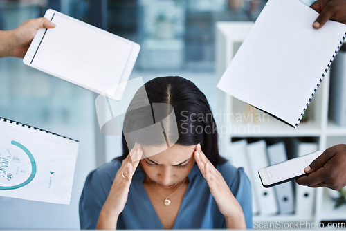 Image of Headache, stress and multitask business woman with time management problem, tablet mockup and documents. Questions, phone call and chaos of professional team manager, migraine pain and people hands