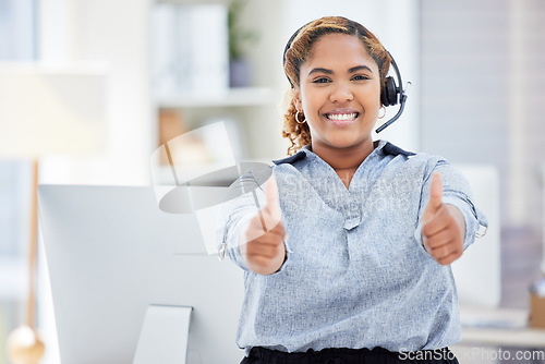 Image of Call center, portrait and woman with thumbs up for telemarketing, customer service excellence or support. Face, contact us or African sales agent with like hand emoji for success, thank you and smile