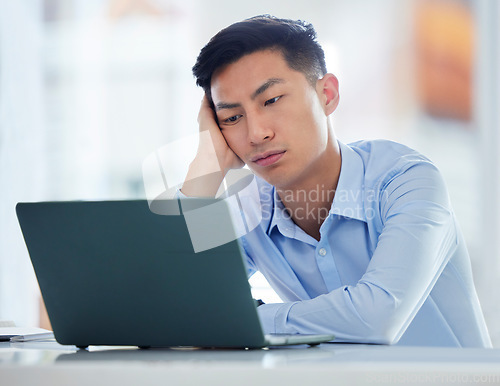 Image of Mental health, businessman tired and worried a with laptop at his desk in a modern workplace office. Fatigue or burnout, problem or mistake and male person sad or stress at his workstation at work