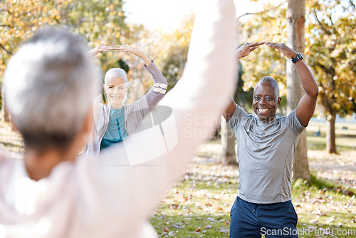 Image of Stretching, yoga and peace with old people in park for fitness, health or workout. Mindfulness, training and zen with senior class and meditation in nature for pilates, balance and spiritual wellness