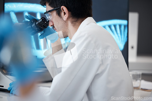 Image of Science, research and microscope with man in laboratory for dna, pharmacy and medical. Medicine, healthcare and study with scientist and focus in clinic on biotechnology, bacteria and future