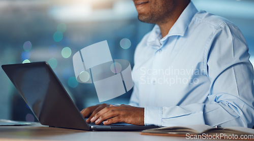 Image of Hands, accountant and man typing on laptop, working on project and online research at night. Computer, hand and accounting professional, business auditor or employee writing email for office deadline