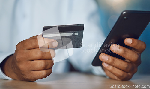 Image of Closeup, smartphone and hands with a credit card, black man and ecommerce with banking, online shopping and finance. Male person, customer and shopper with a cellphone, purchase and app with payment