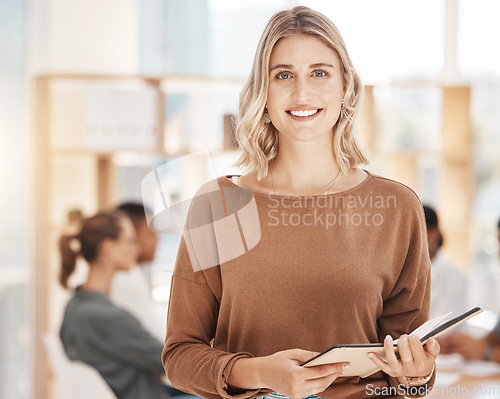 Image of Portrait, business and woman with notebook, smile and planning with startup success, leadership and creativity. Face, female person and employee with a diary, schedule and planner with a professional