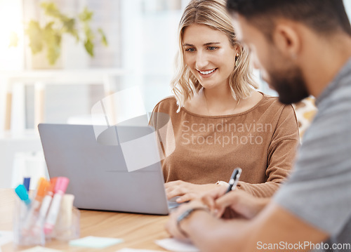 Image of Laptop, meeting or planning with a business woman and her team in the boardroom for upskill development. Collaboration, teamwork and meeting with a female employee at work on a computer in the office