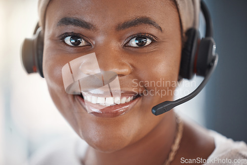 Image of Face, call center and black woman, smile and telemarketing, customer service and business support. Portrait, contact us and sales agent, consultant or crm professional from South Africa at help desk.