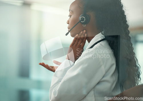 Image of Call center, healthcare support and doctor for telehealth service, thyroid exam and virtual consultation. African woman or medical agent on video chat consulting, helping or sick advice for throat