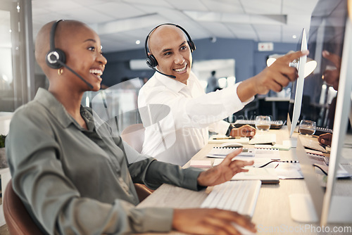 Image of Teamwork, call center and computer for advice or help with account information or sales. Black man and person on training or coaching for customer service ,telemarketing or help desk consultant at pc