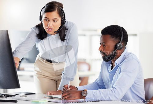 Image of Call center, manager helping agent and training with mentor, telemarketing and customer service. Staff, black man and woman with computer, advice for system and tech support with conversation and crm