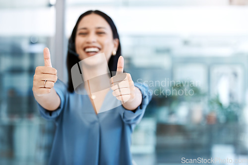 Image of Happy woman, call center and hands in thumbs up for success, winning or approval at office. Portrait of female person, consultant or agent with thumb emoji, yes sign or like for good job at workplace
