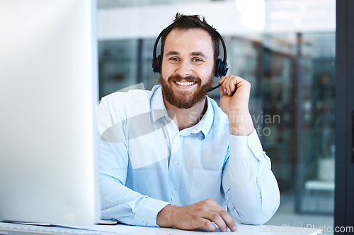 Image of Happy man, call center and portrait smile in customer service, support or telemarketing at office. Friendly businessman, consultant or agent smiling in online advice or virtual assistant at workplace