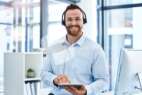 Image of Portrait, call center and man with a tablet, telemarketing and customer service with headphones, connection and typing. Face, male person or agent with tech support, technology and headset for advice