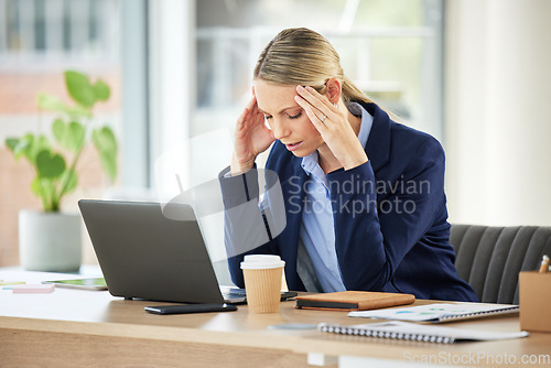 Image of Professional, woman and working and frustrated with a headache in the office with entrepreneur. Stress, burnout and business person with fatigue, anxiety at a workplace with 404 glitch on laptop.