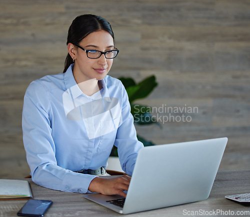 Image of Laptop, typing and business woman, analyst or professional employee for market research or company review. Search, working and person in glasses on computer for management software or project report