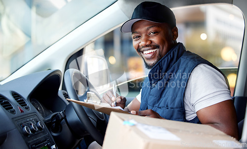 Image of Delivery man, transport and portrait of a man writing with a smile in window for shipping or courier service. Happy black person or driver with cardboard package to sign paper in van or cargo vehicle