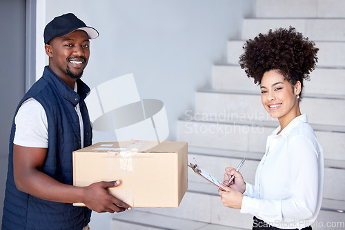 Image of Delivery, box and portrait of man with woman for shipping, logistics and distribution service. Ecommerce, online shopping and happy male courier deliver box, parcel and order for client signature