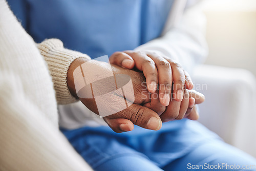 Image of Senior patient, nurse and holding hands for support, healthcare or empathy at nursing home. Elderly person and caregiver together for trust, homecare and counseling or help for health in retirement