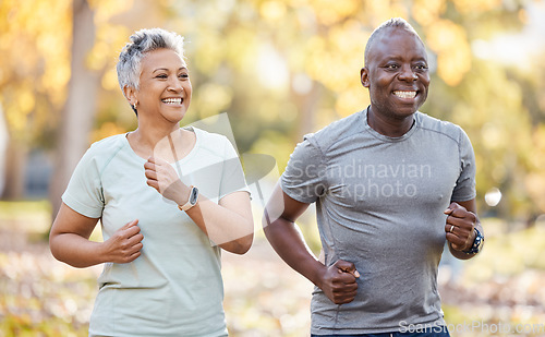 Image of Health, smile and running with old couple in park for fitness, workout and exercise. Wellness, retirement and happy with senior black man and woman training in nature for motivation, sports or cardio