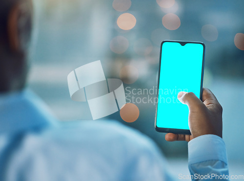 Image of Back, black man and phone with mockup screen, space and typing for social media app, search and internet blog. Hand, smartphone and mock up for branding, promo or logo with blank ux, chat and night