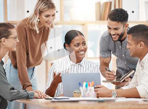 Image of Laptop, meeting and a business woman talking to her team in the boardroom for planning or strategy. Collaboration, coaching and presentation with a female employee training an employee group at work