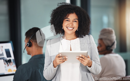Image of Call center, tablet and business woman, portrait and customer service, support or telemarketing. Technology, sales agent and happy face of African consultant at help desk for crm, email or leadership