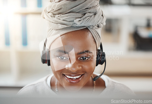 Image of Smile, call center and black woman on computer for telemarketing, customer service and support. Crm, contact us and sales agent, consultant or employee working at help desk, consulting and business.