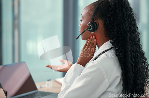 Image of Call center, healthcare and doctor helping, red throat and overlay for telehealth service, thyroid exam or virtual support. African woman or medical agent on laptop, web video and throat pain advice